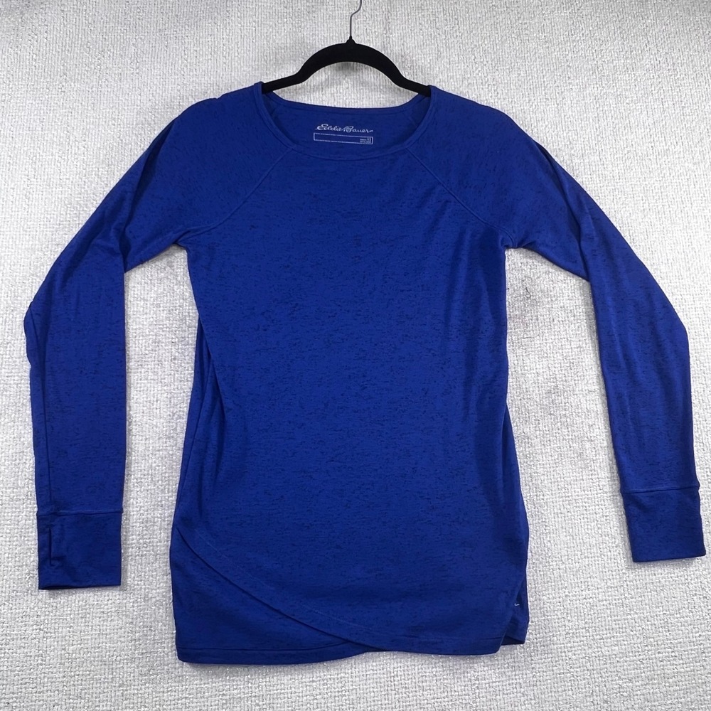 Eddie Bauer Womens XS Blue Space Dye Raglan Long Sleeve Tulip Hem Thumbhole Top
